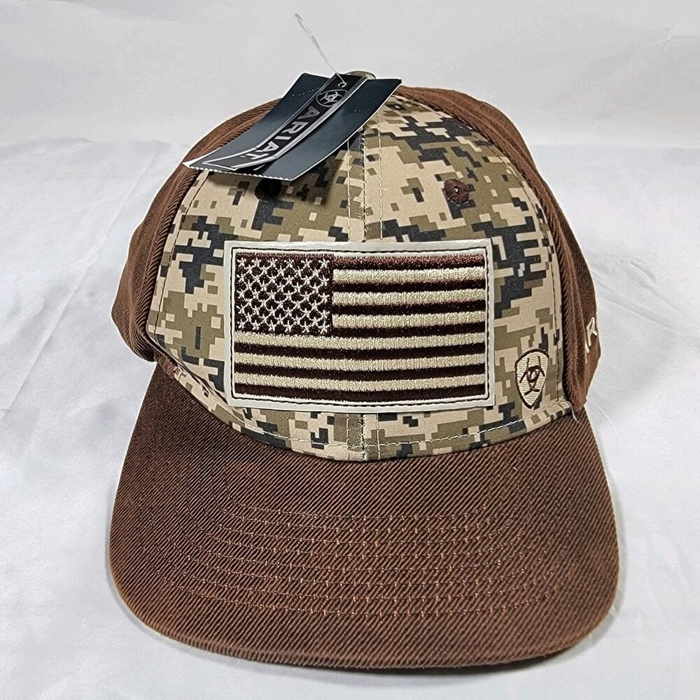Ariat USA Flag Digital Camo Brown Snapback Hat Embroidered Western Baseball Cap